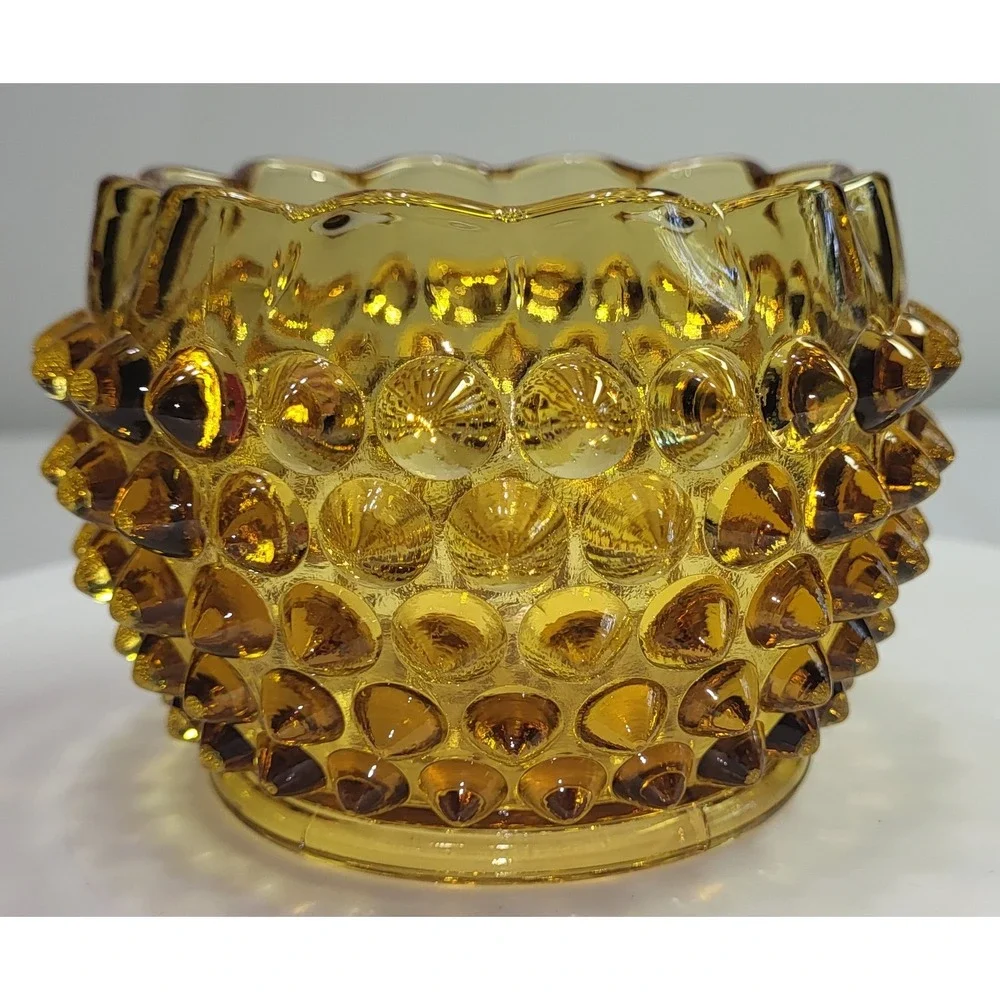 Hobnail Amber Glass Votive Candle Holder Dish Vintage MCM Scalloped‎ Edge